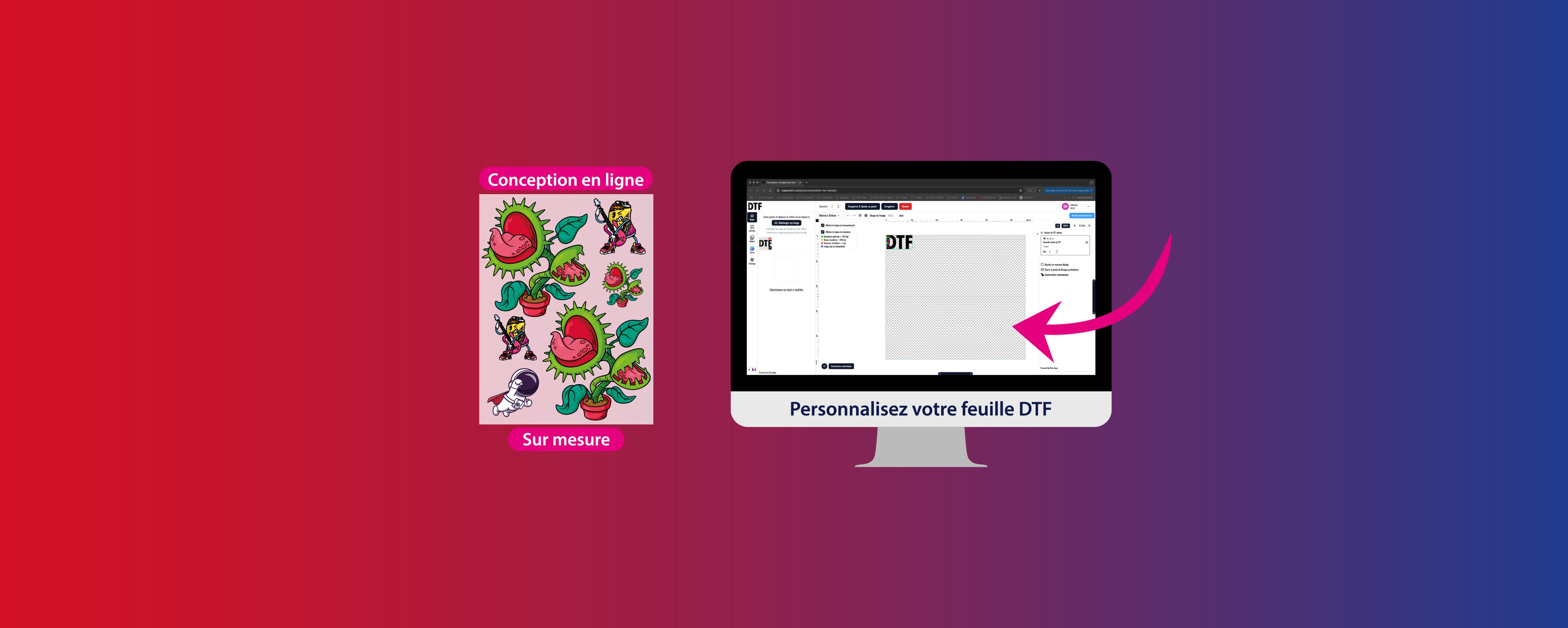 Bannière illustrant le service de conception en ligne pour la création de transferts DTF personnalisés.