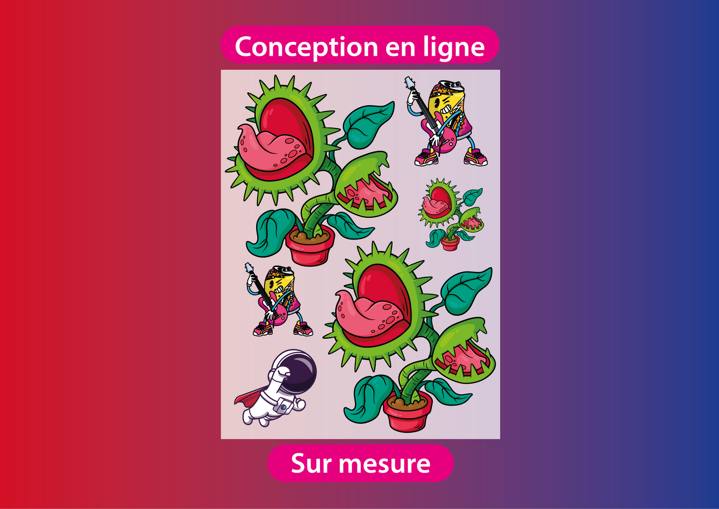 Illustration représentant le service de conception en ligne sur mesure pour la création de transferts DTF.